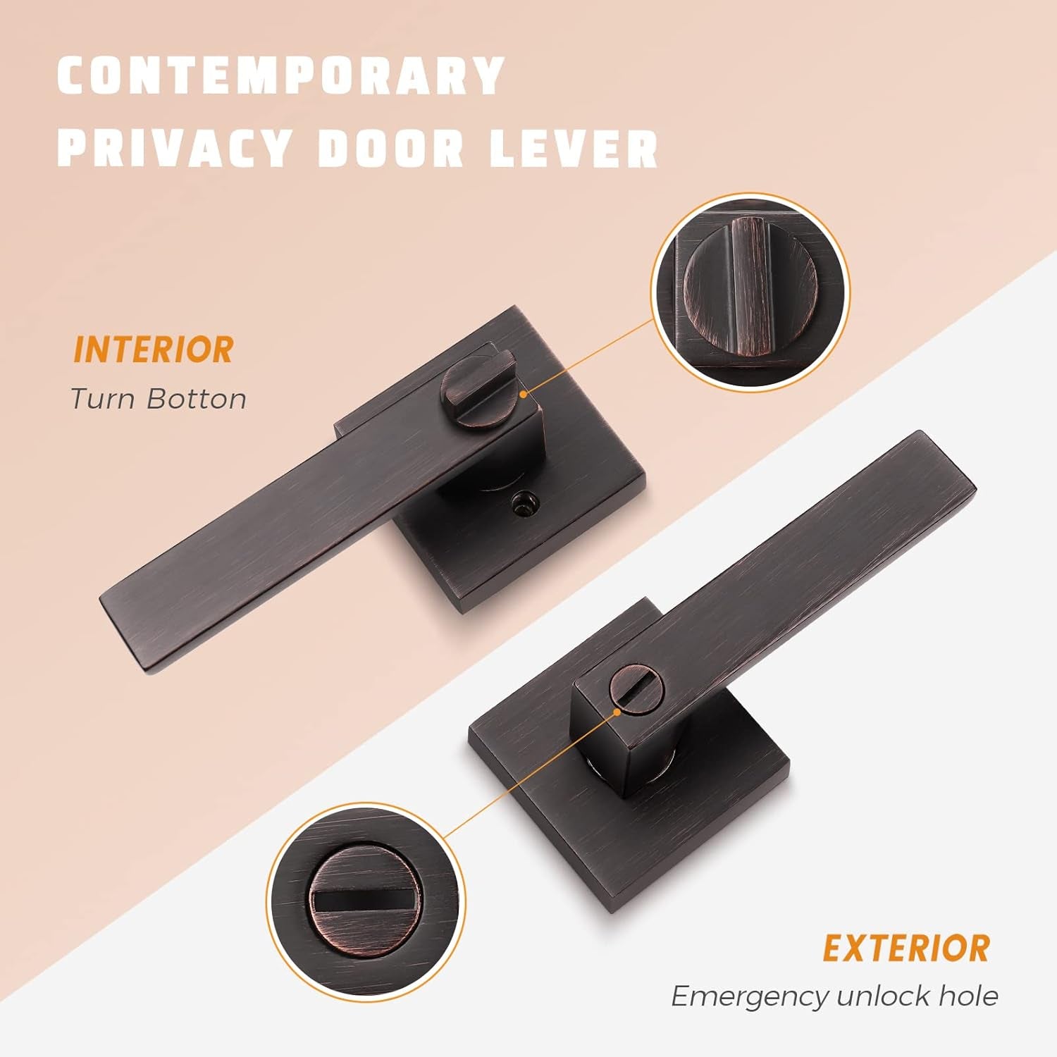 4 Pack Bronze Door Handle, Interior Door Handle Levers with Privacy Lock, Bed and Bath Door Knob with Thumb Turn, Modern Square Door Handles