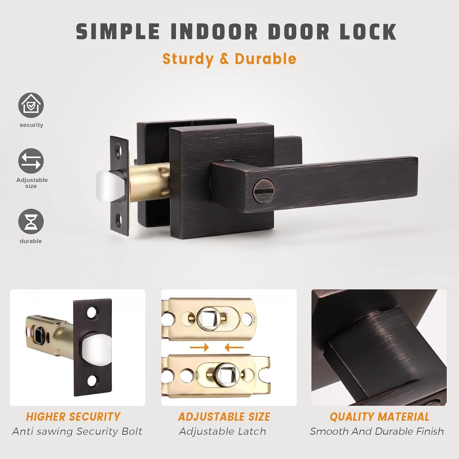 4 Pack Bronze Door Handle, Interior Door Handle Levers with Privacy Lock, Bed and Bath Door Knob with Thumb Turn, Modern Square Door Handles