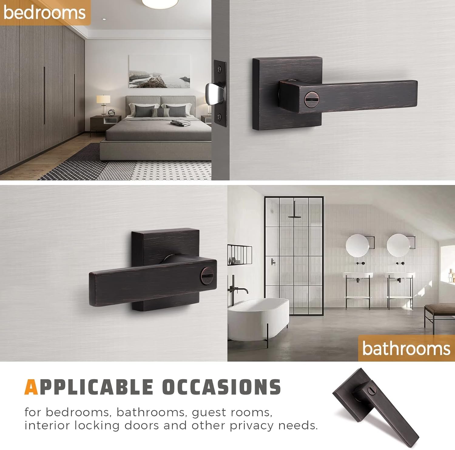 4 Pack Bronze Door Handle, Interior Door Handle Levers with Privacy Lock, Bed and Bath Door Knob with Thumb Turn, Modern Square Door Handles